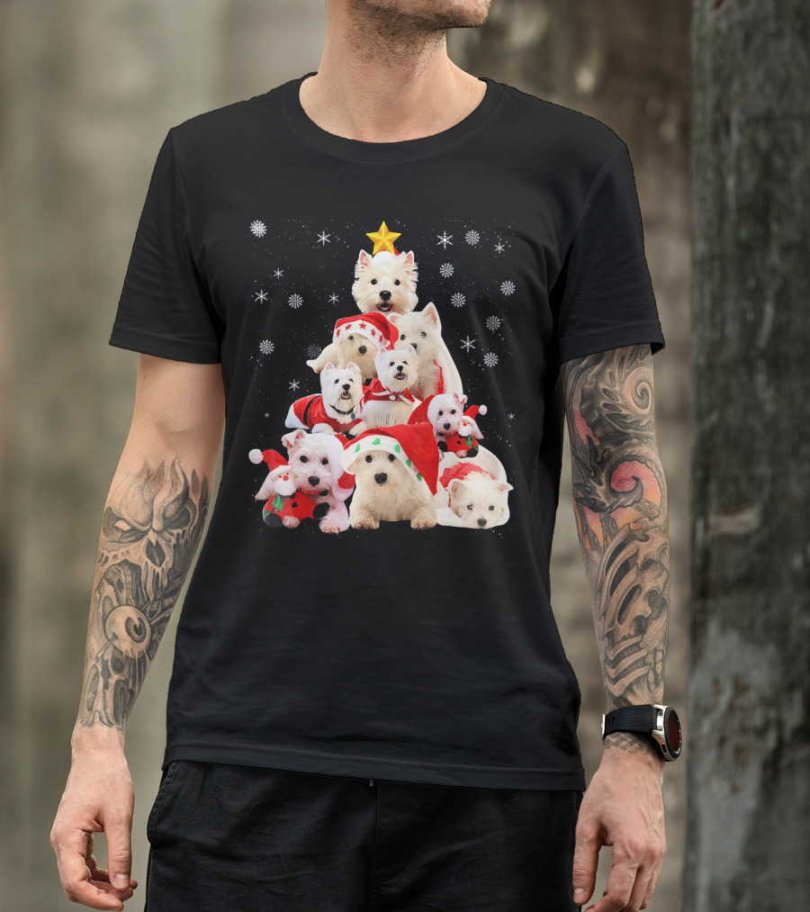 Westie Dogs In Holiday Hats Forming Christmas Tree With Snowflakes And Star T-Shirt