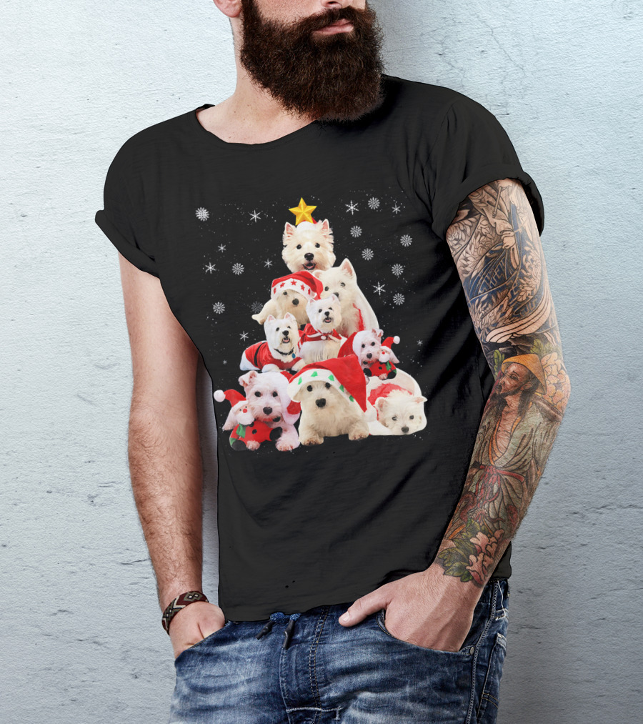 Westie Dogs In Holiday Hats Forming Christmas Tree With Snowflakes And Star T-Shirt