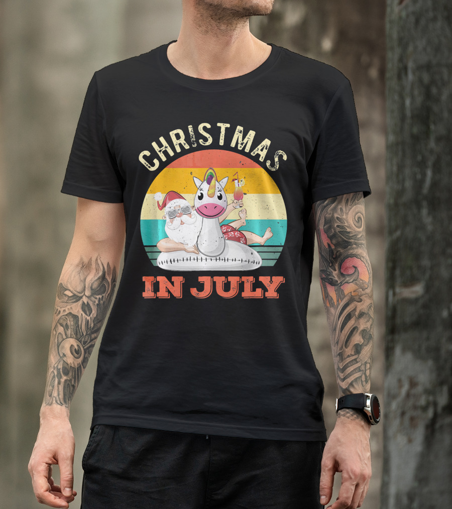 Christmas In July Vintage Santa With Inflatable Unicorn And Drink T-Shirt