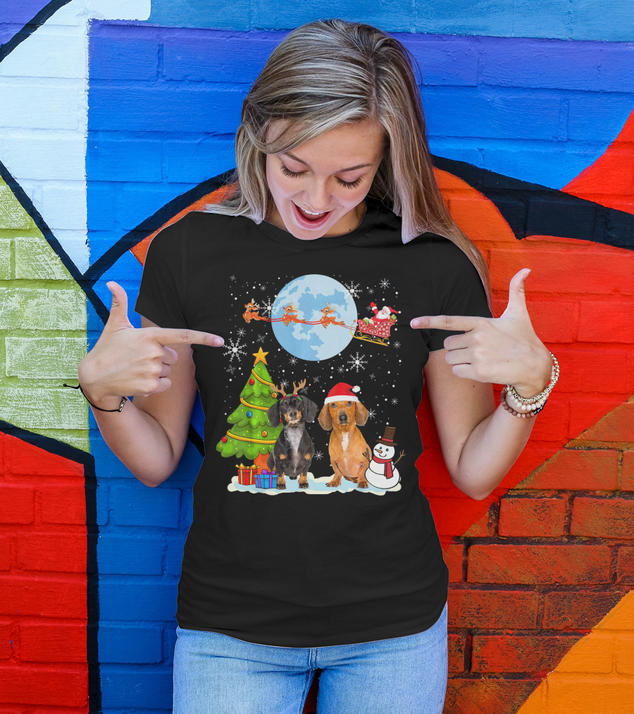Funny Dachshund Christmas Santa Moon Reindeers Tree Snowman T-Shirt