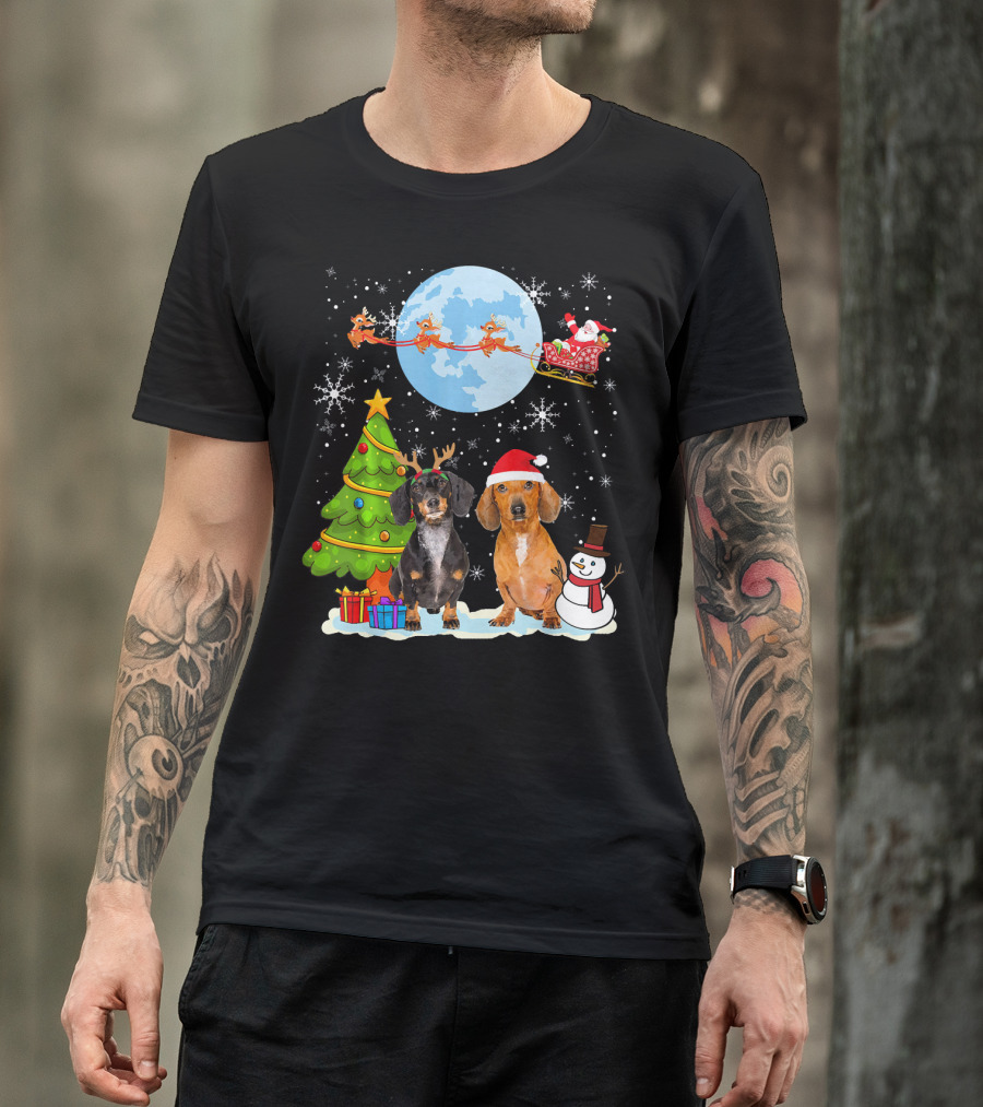Funny Dachshund Christmas Santa Moon Reindeers Tree Snowman T-Shirt