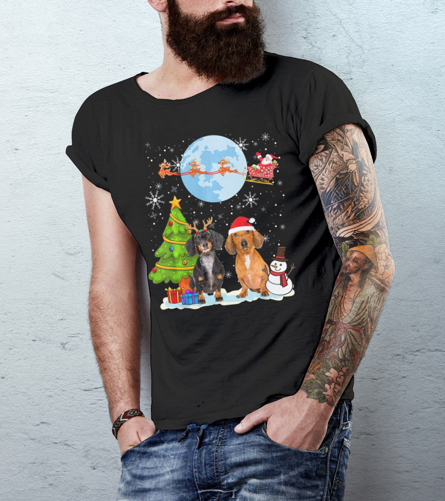 Funny Dachshund Christmas Santa Moon Reindeers Tree Snowman T-Shirt