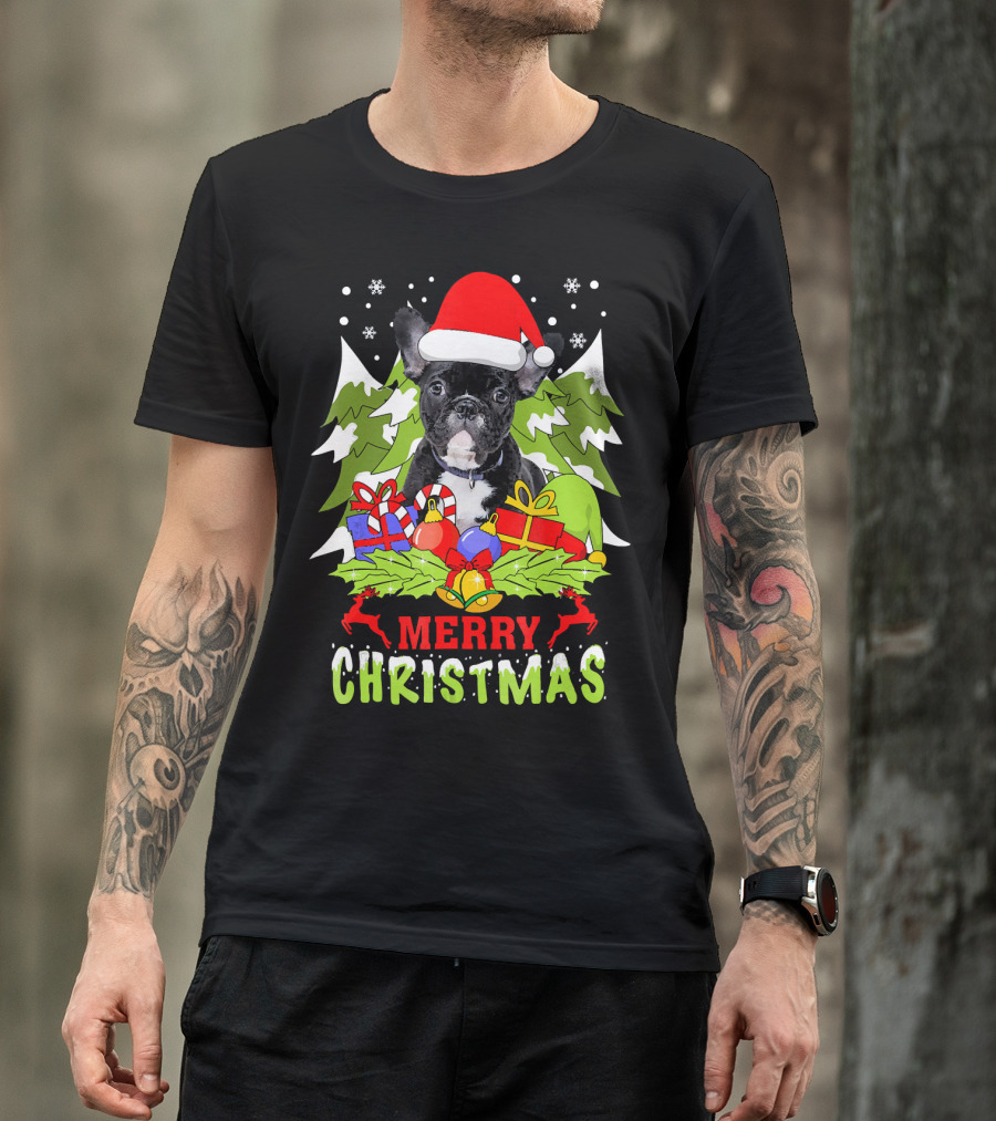 Merry Christmas French Bulldog Santa Hat Gifts Snowflakes T-Shirt