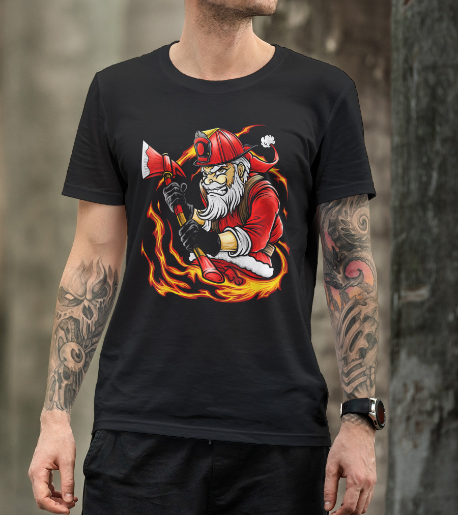 Firefighter Santa With Axe Surrounded By Flames T-Shirt