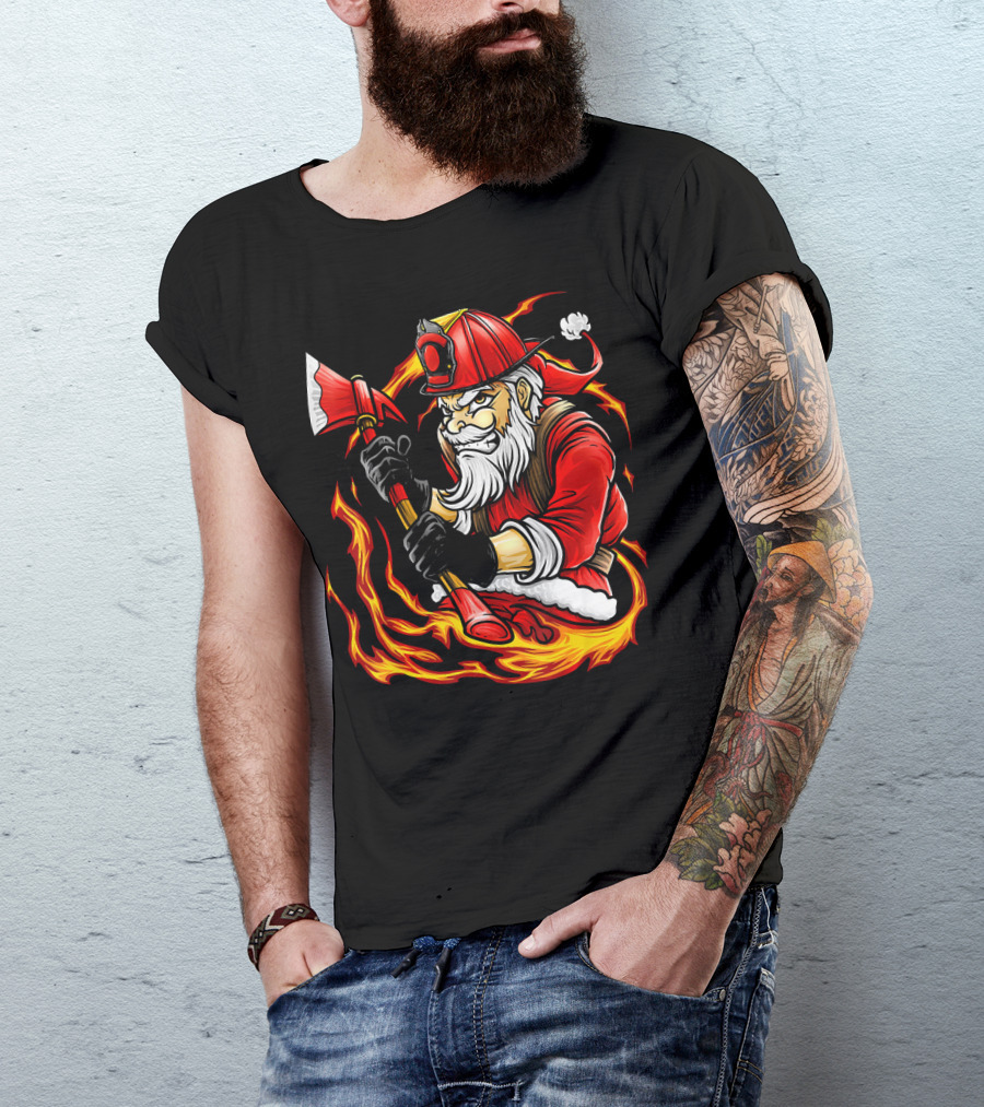 Firefighter Santa With Axe Surrounded By Flames T-Shirt