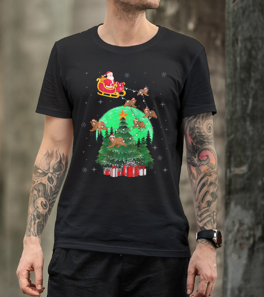 Santa Claus With Bears And Sleigh Over Christmas Tree And Presents T-Shirt