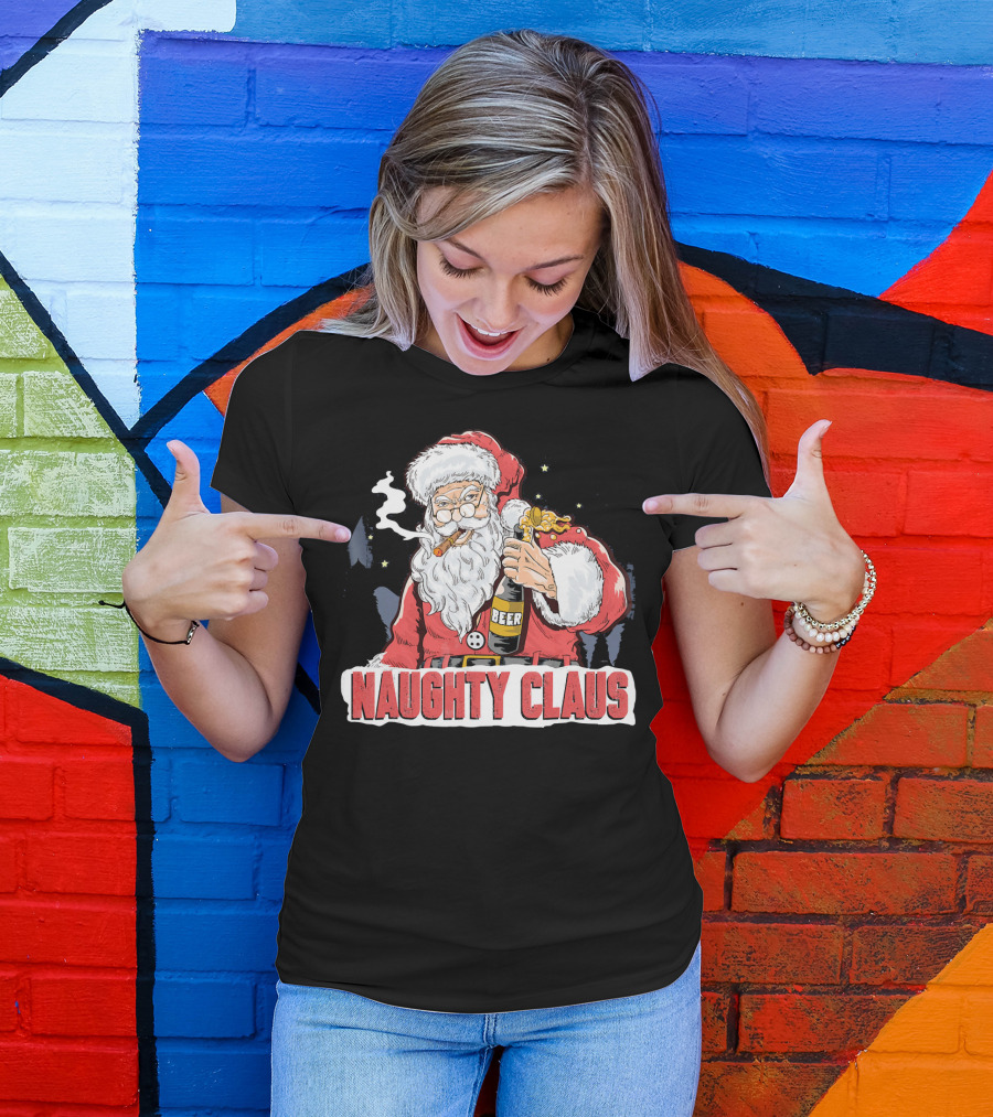 Naughty Claus Santa With Beer Funny Humor XMAS T-Shirt