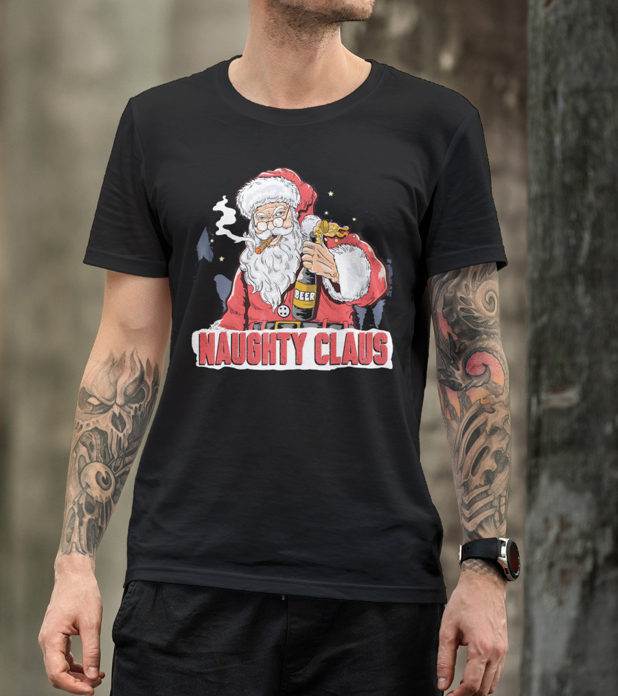 Naughty Claus Santa With Beer Funny Humor XMAS T-Shirt