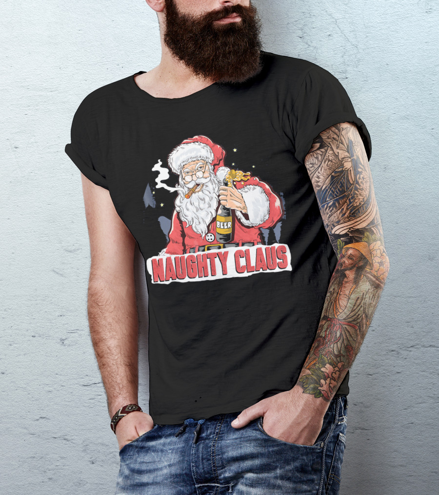 Naughty Claus Santa With Beer Funny Humor XMAS T-Shirt