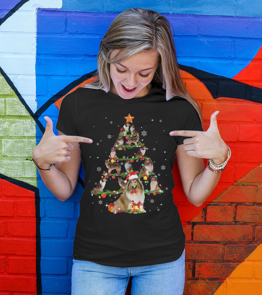 Rough Collie Christmas Tree With Santa Hat And Gifts T-Shirt