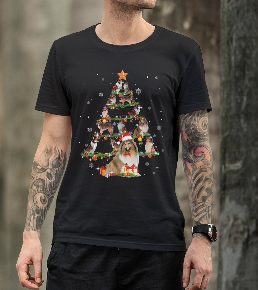 Rough Collie Christmas Tree With Santa Hat And Gifts T-Shirt