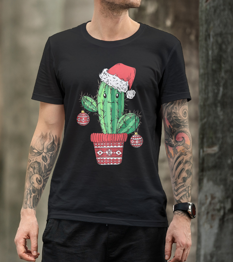 Cactus Christmas Tree Santa Hat Festive Ornaments T-Shirt