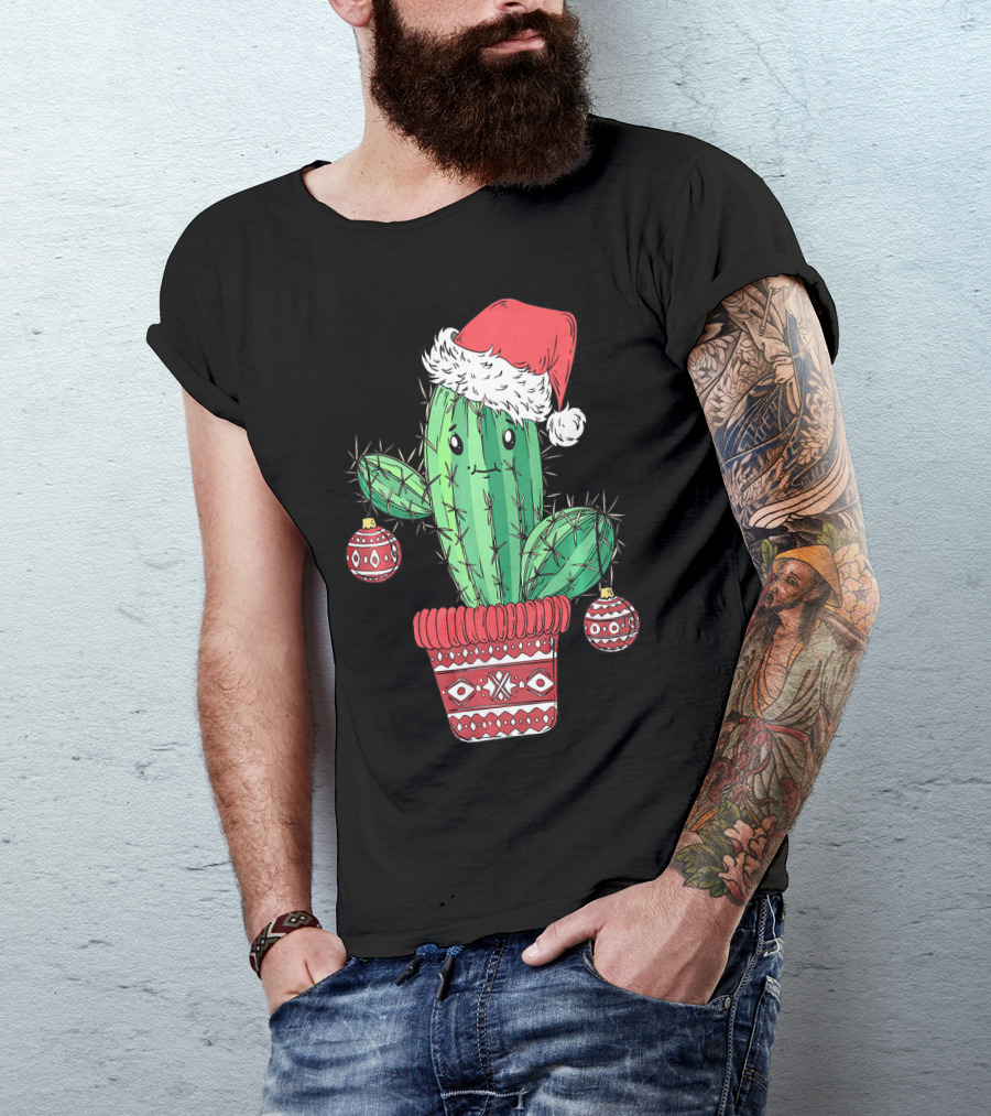 Cactus Christmas Tree Santa Hat Festive Ornaments T-Shirt