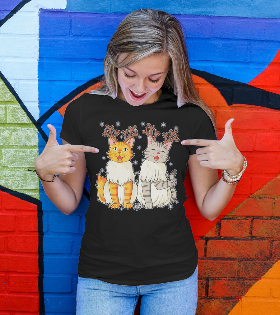 Funny Christmas Cat Reindeer With Snowflakes T-Shirt