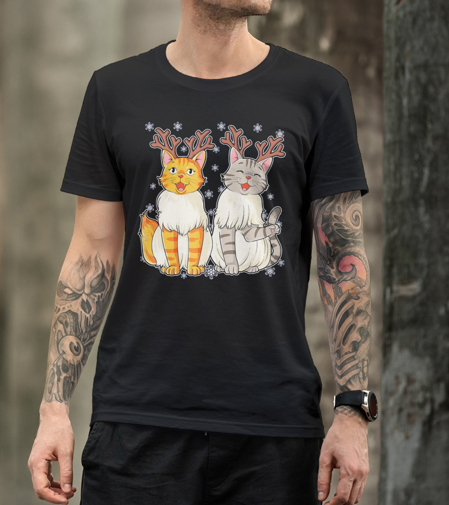Funny Christmas Cat Reindeer With Snowflakes T-Shirt