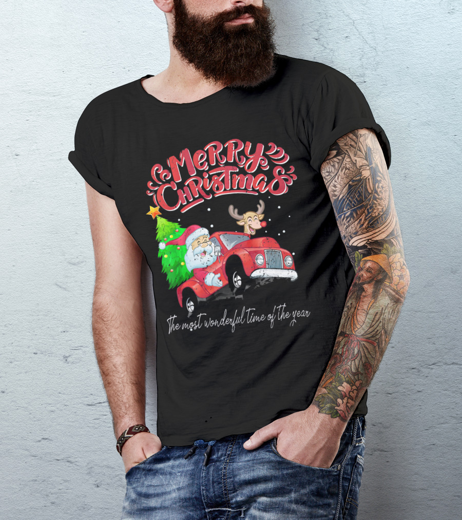 Merry Christmas Santa Reindeer Ride The Most Wonderful Time Of The Year T-Shirt