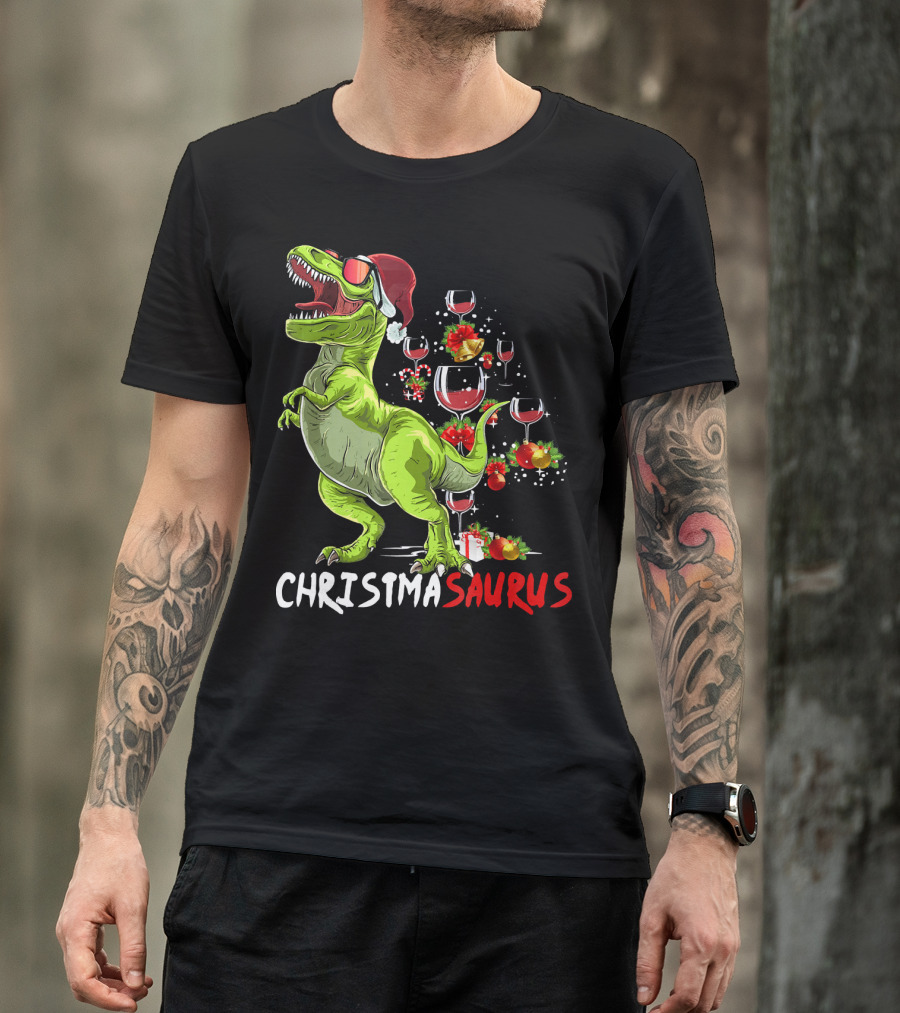 Christmasaurus T-Rex Santa Hat Wine Ornaments T-Shirt