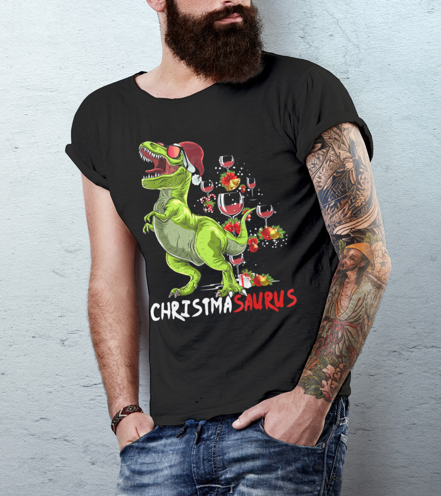 Christmasaurus T-Rex Santa Hat Wine Ornaments T-Shirt