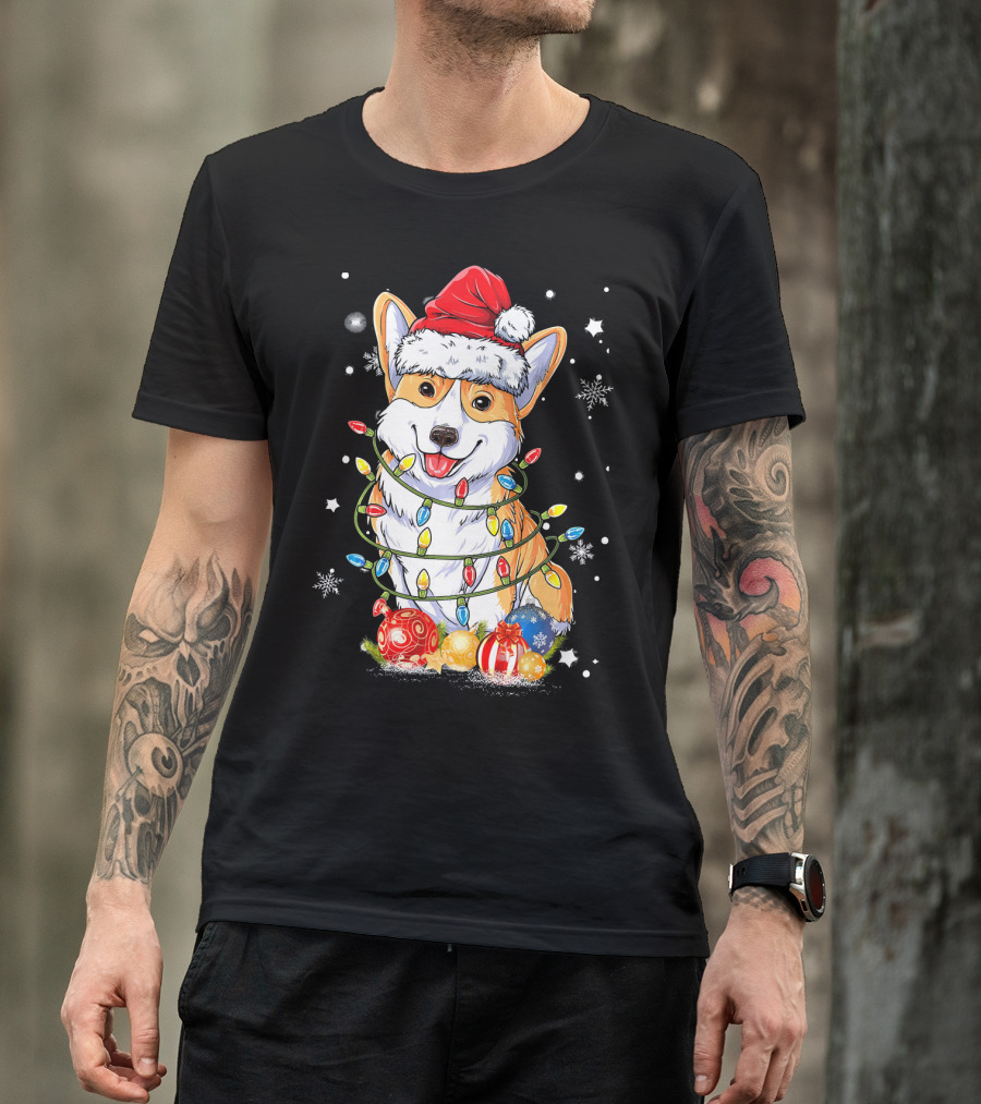 Merry Corgmas Xmas Tree Santa Corgi Wrapped In Christmas Lights And Ornaments T-Shirt