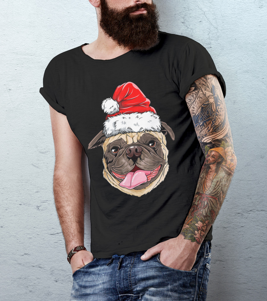 Pug Santa Christmas Hat Joyful Expression T-Shirt
