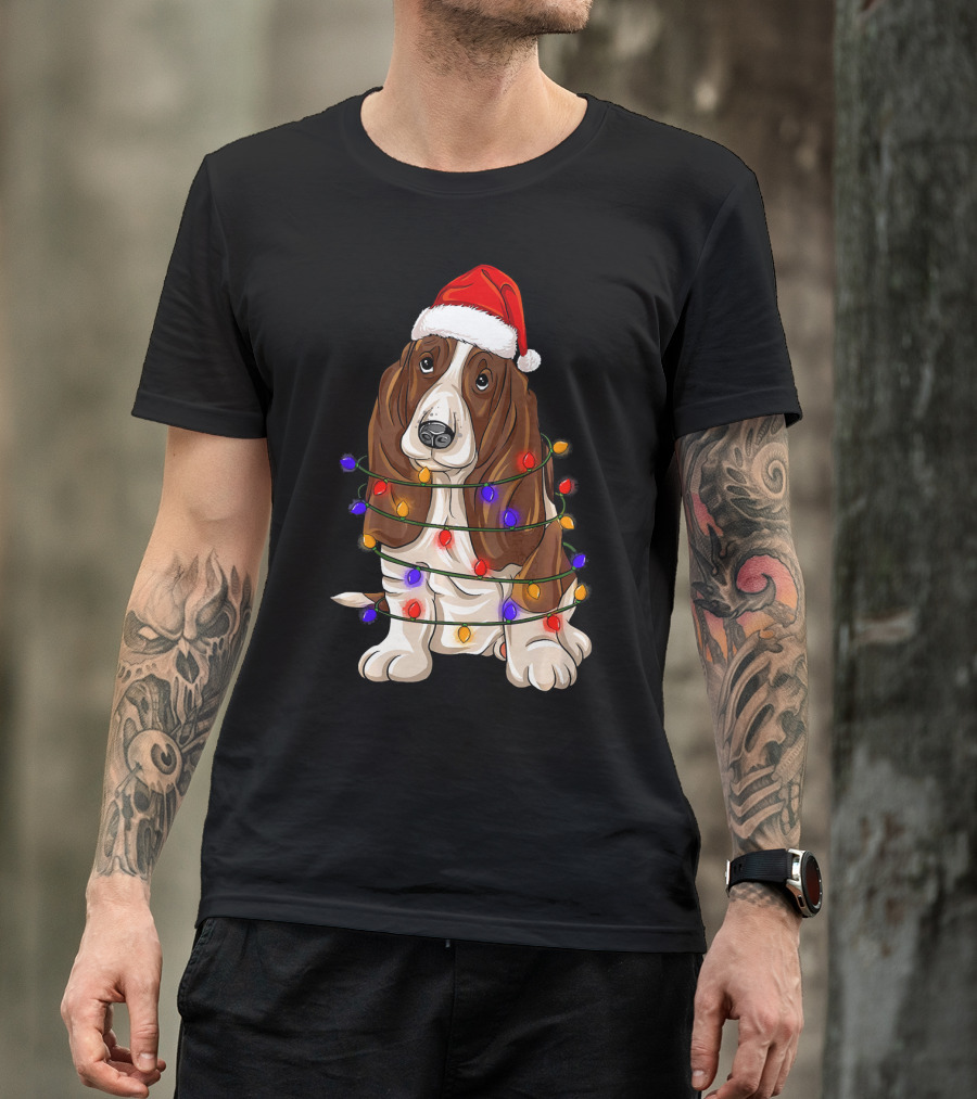 Basset Hound Santa Hat Wrapped In Christmas Lights T-Shirt