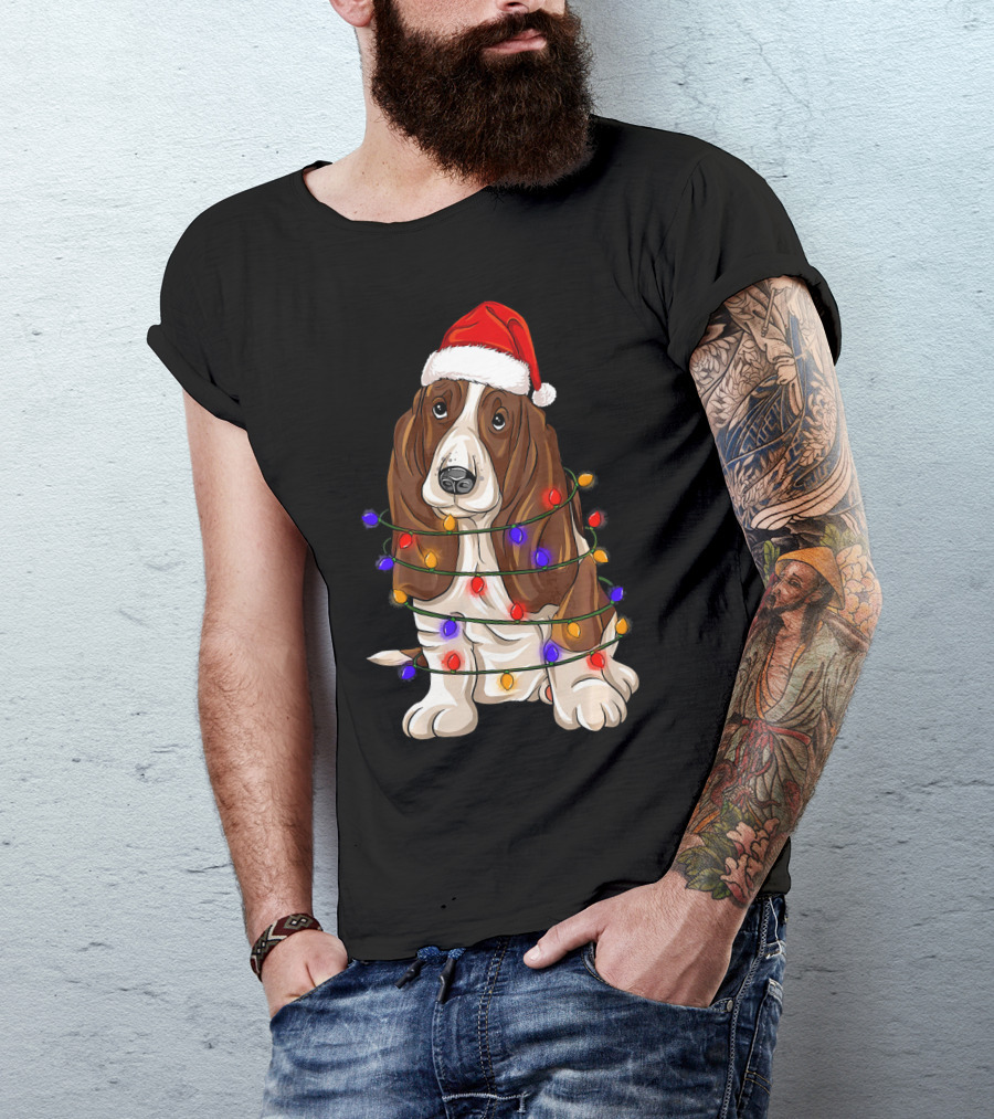 Basset Hound Santa Hat Wrapped In Christmas Lights T-Shirt