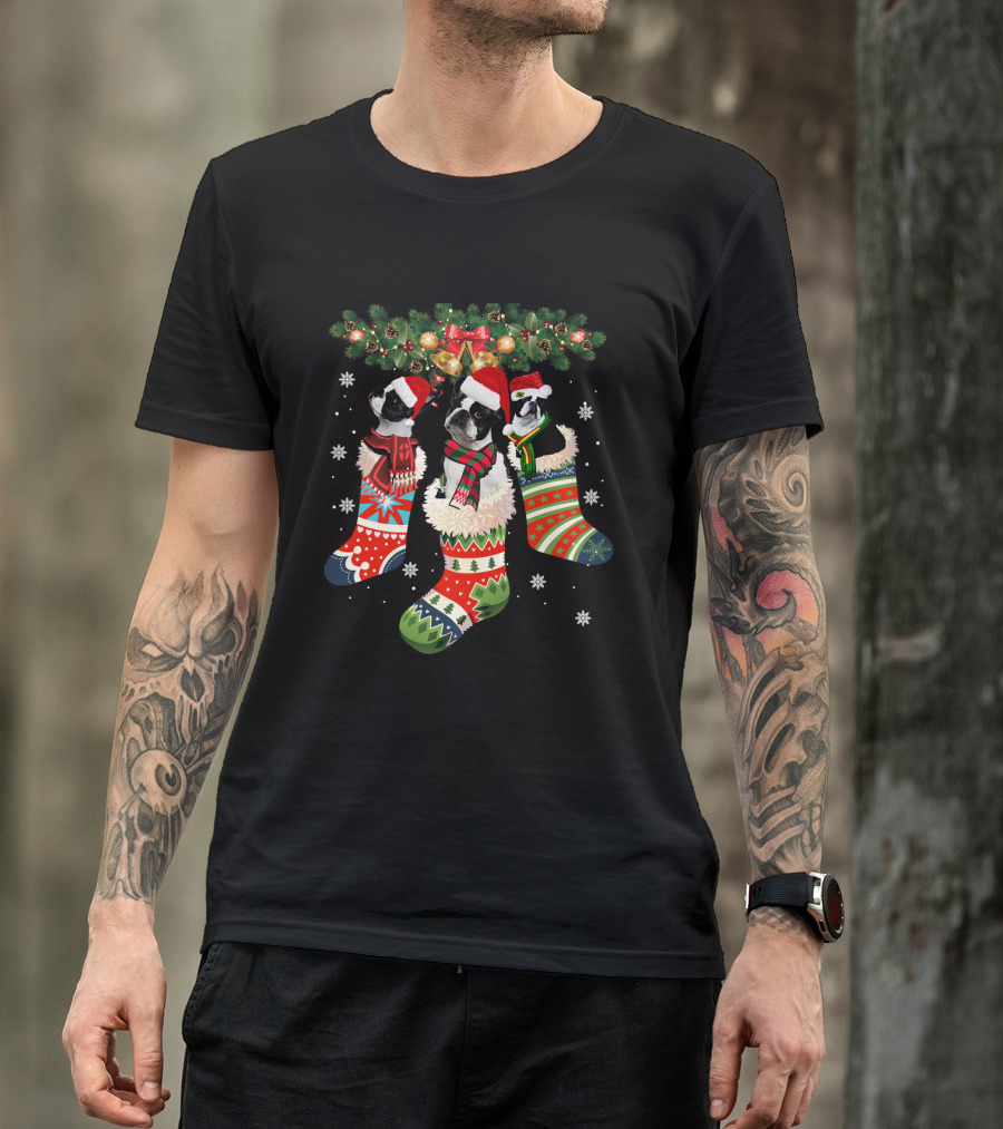 Three Boston Terrier In Christmas Stockings With Santa Hats And Festive Scarves T-Shirt