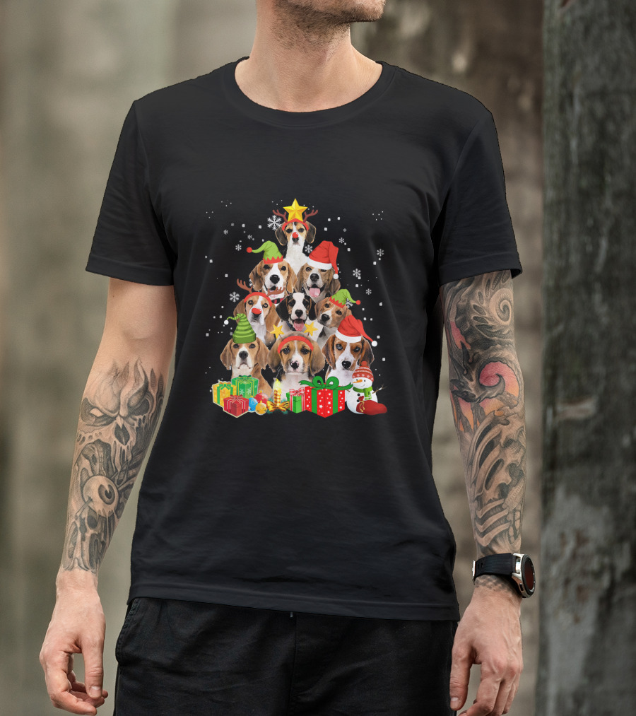 Funny Beagle Christmas Tree Santa Hats Presents Snowman T-Shirt