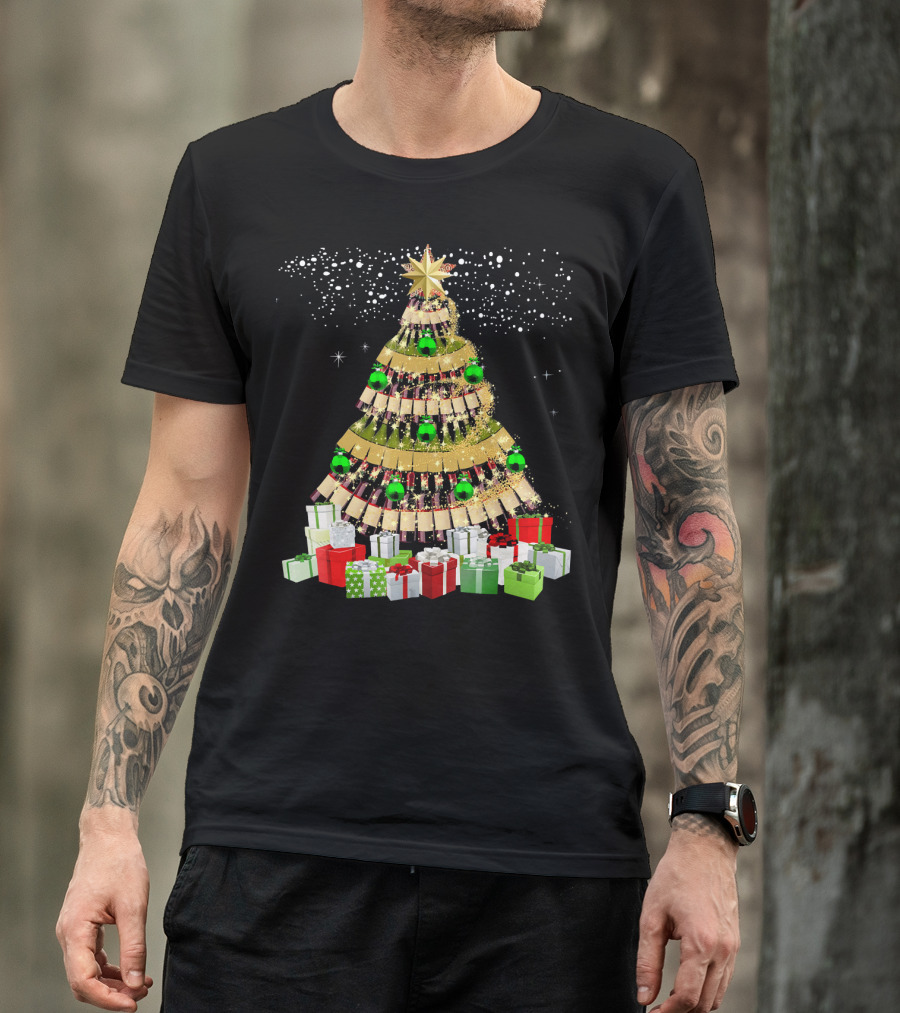 Wine Bottles Christmas Tree With Gifts Snowflakes And Ornaments T-Shirt