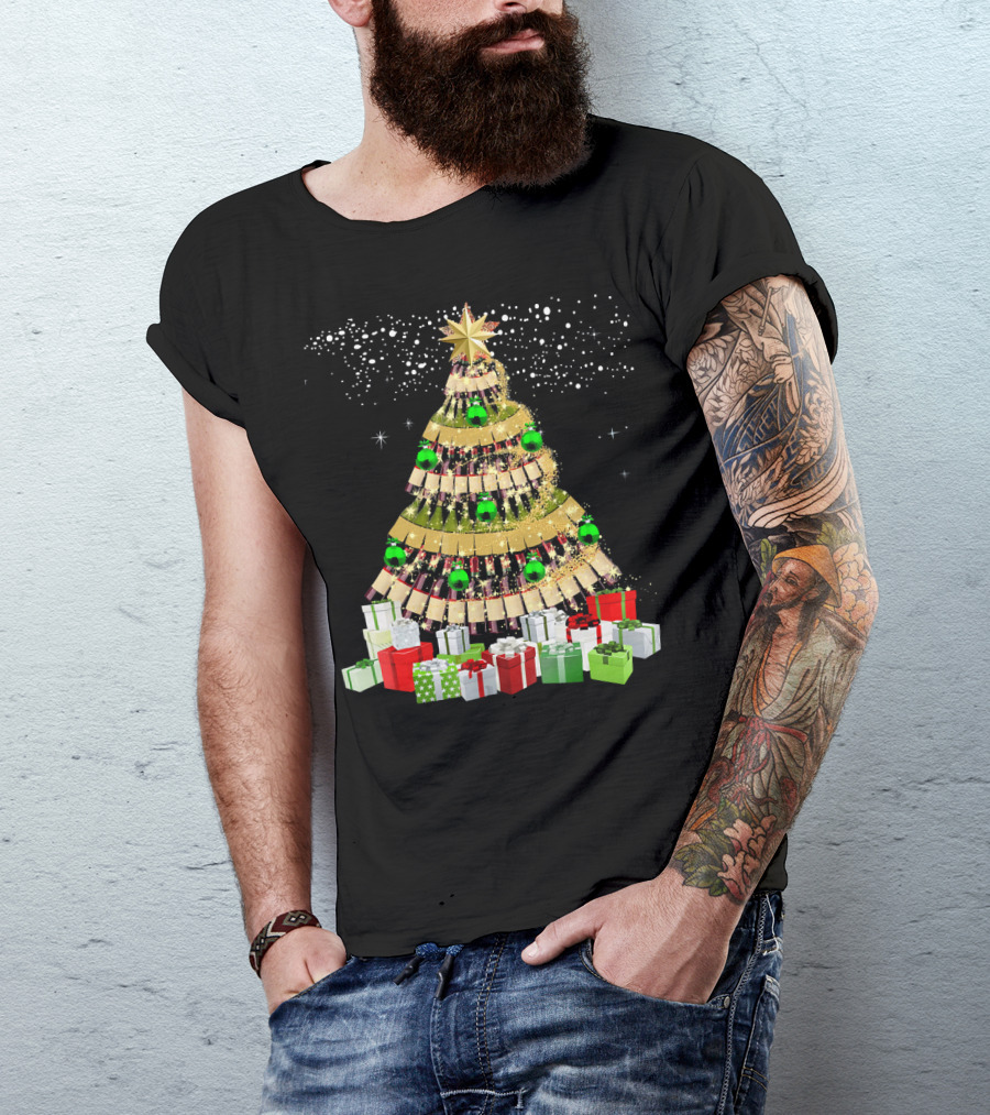 Wine Bottles Christmas Tree With Gifts Snowflakes And Ornaments T-Shirt