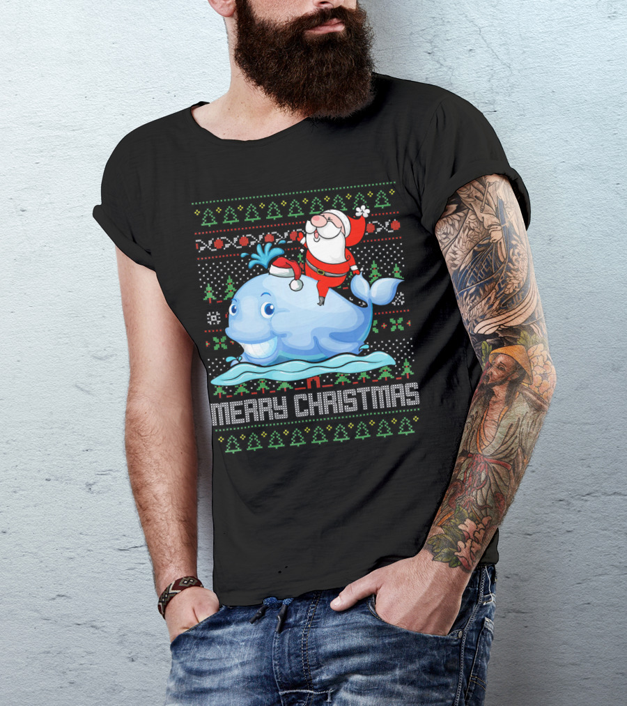 Merry Christmas Funny Santa Claus Riding Whale Holiday T-Shirt