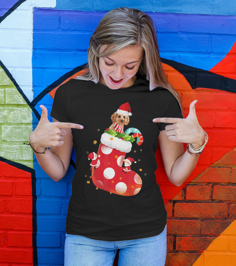Christmas Cockapoo Dog In Santa Hat With Red Stocking And Candy Cane T-Shirt