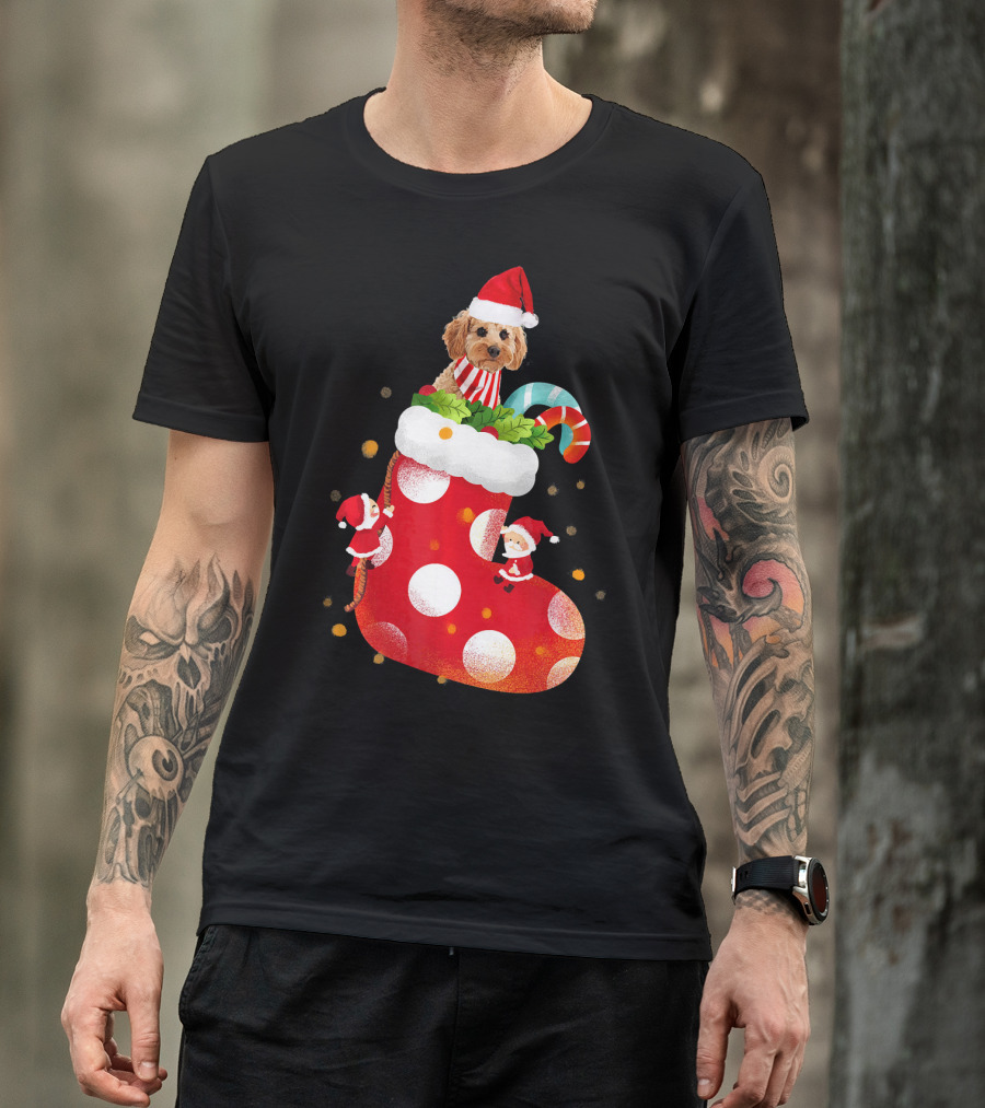 Christmas Cockapoo Dog In Santa Hat With Red Stocking And Candy Cane T-Shirt