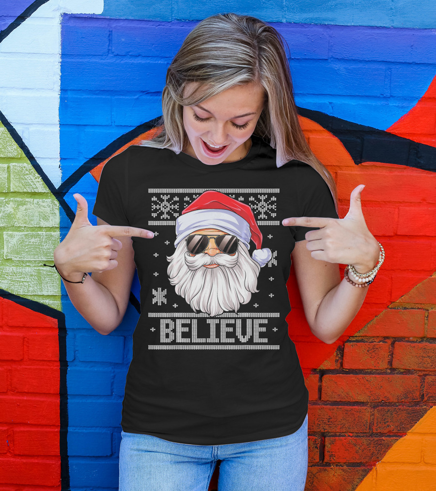 Santa Believe Christmas Sweater Design With Sunglasses And Snowflakes T-Shirt