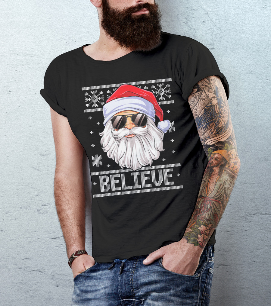 Santa Believe Christmas Sweater Design With Sunglasses And Snowflakes T-Shirt