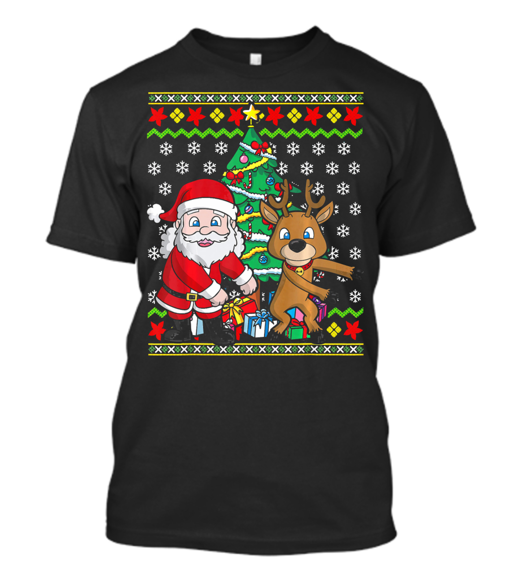 Ugly Christmas Kids Flossing Santa Reindeer Dance With Presents And Tree T-Shirt