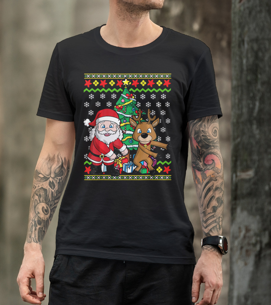 Ugly Christmas Kids Flossing Santa Reindeer Dance With Presents And Tree T-Shirt
