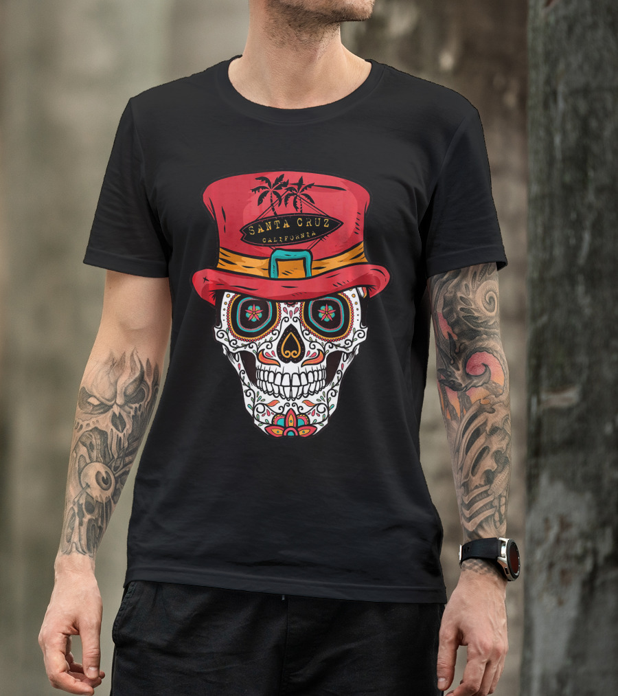 Santa Cruz California Sugar Skull Souvenir With Red Hat And Tropical Palm Trees T-Shirt