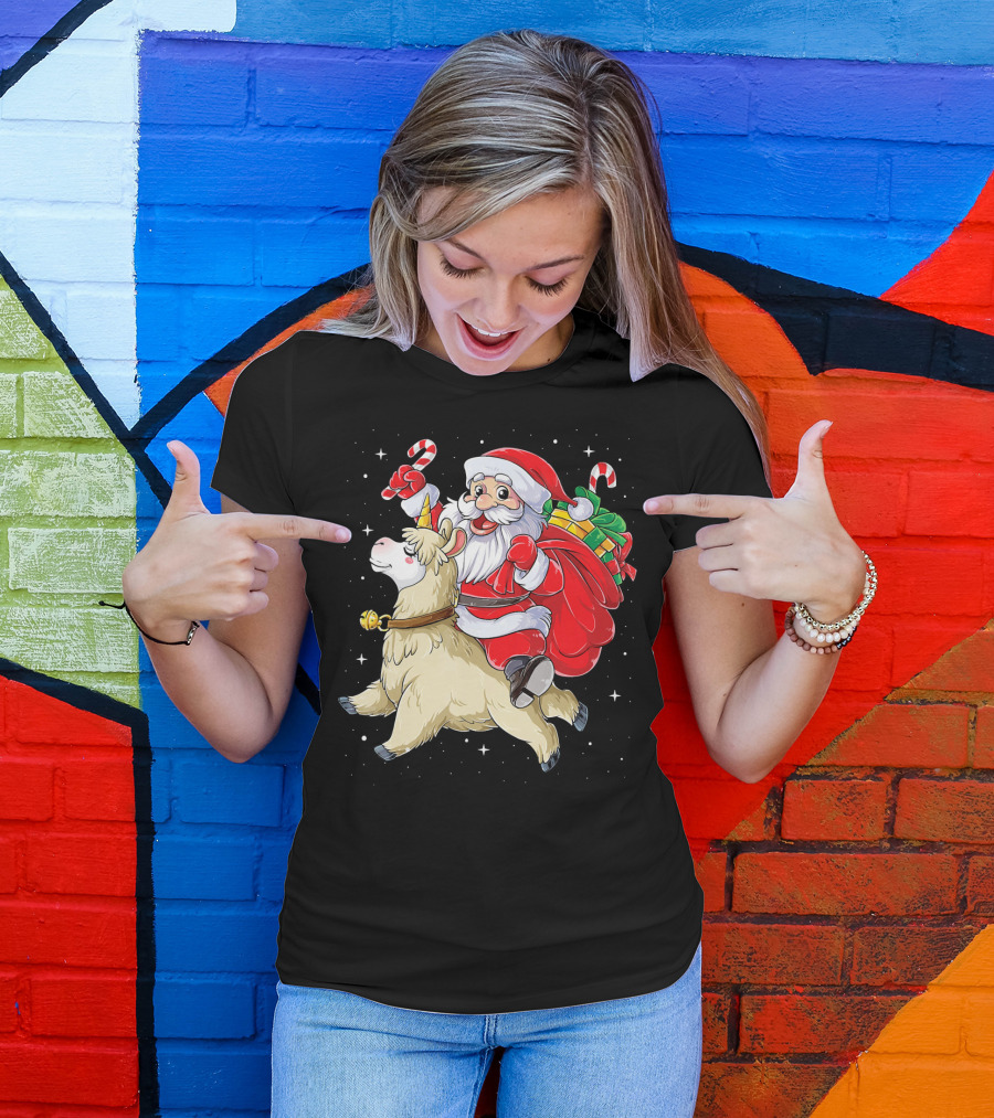 Fa La La Llama Christmas Santa Riding Llama With Candy Canes And Gifts T-Shirt