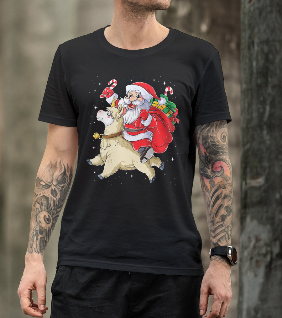 Fa La La Llama Christmas Santa Riding Llama With Candy Canes And Gifts T-Shirt