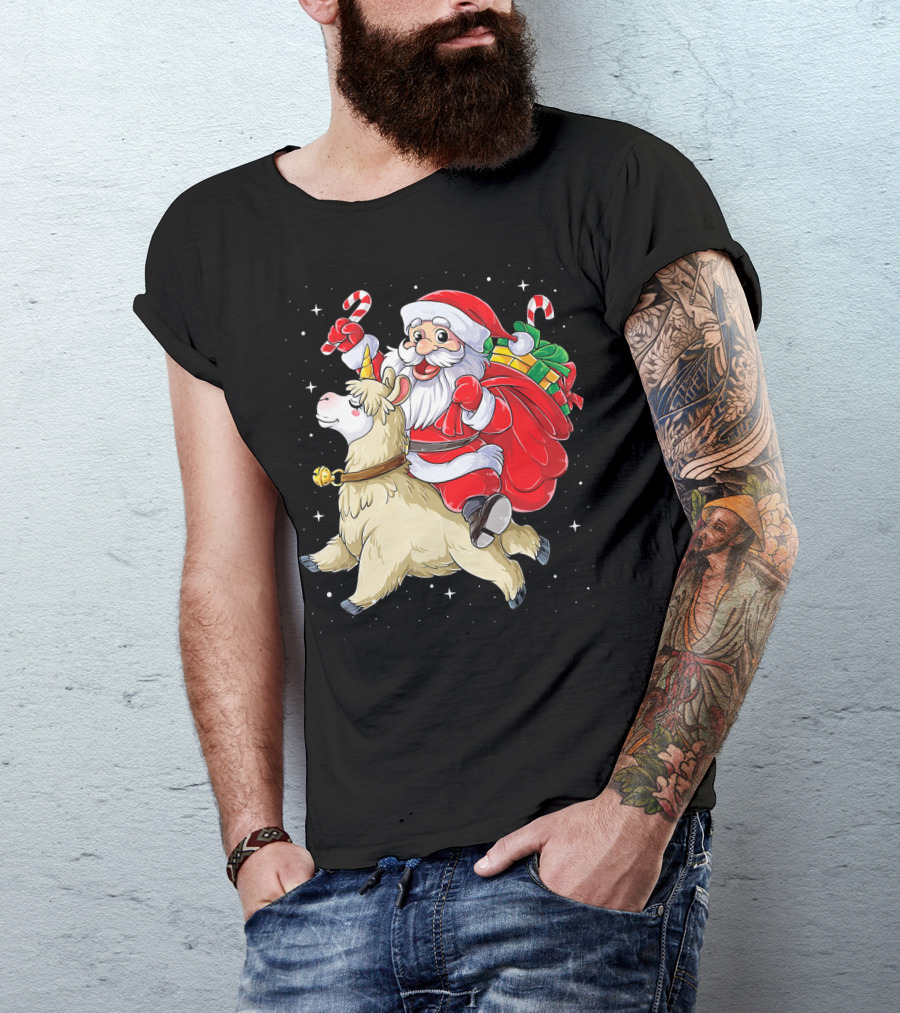 Fa La La Llama Christmas Santa Riding Llama With Candy Canes And Gifts T-Shirt