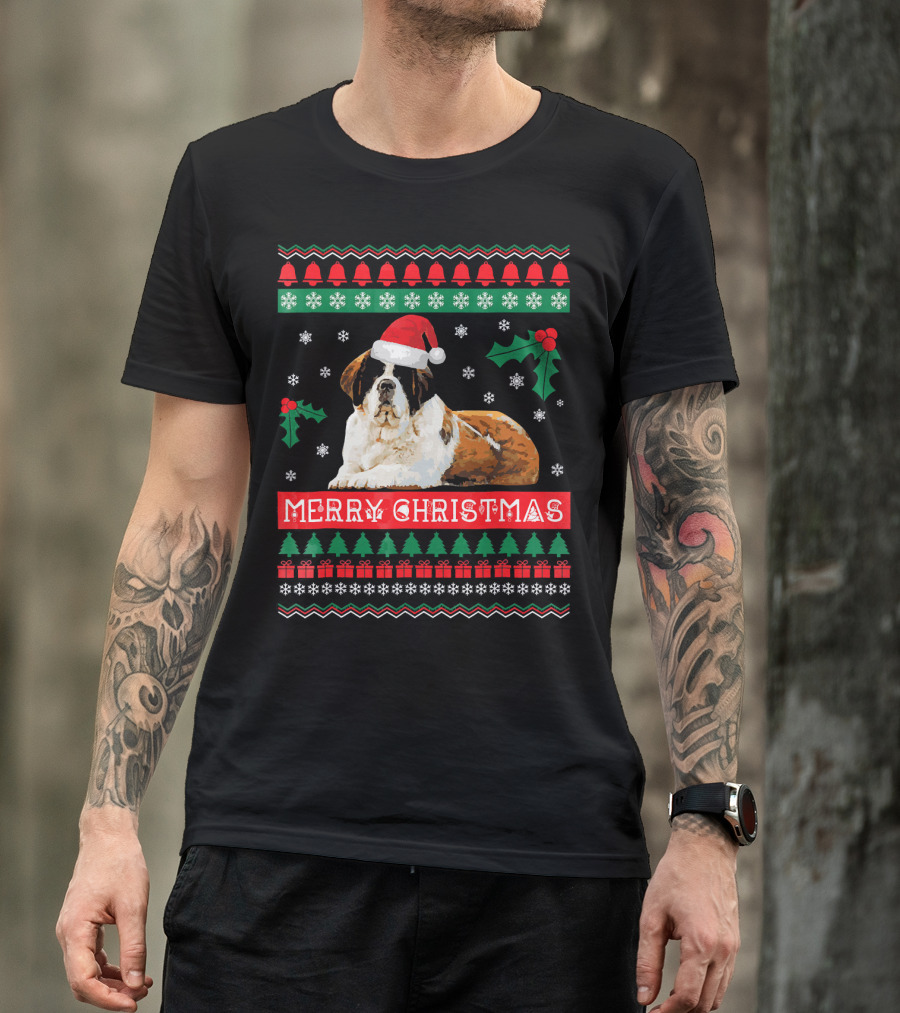 Merry Christmas St Bernard Dog Ugly Sweater Holiday T-Shirt