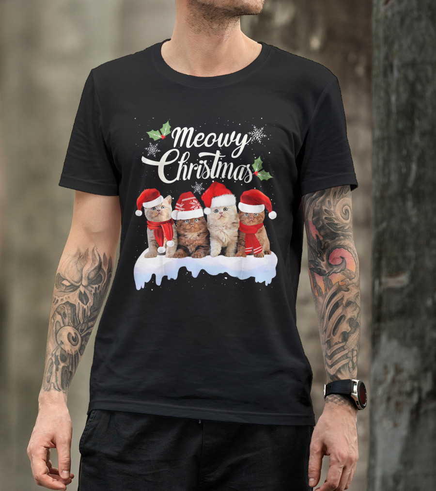 Meowy Christmas Kitten Cat Kitty Snowflake Santa Hat Holly T-Shirt