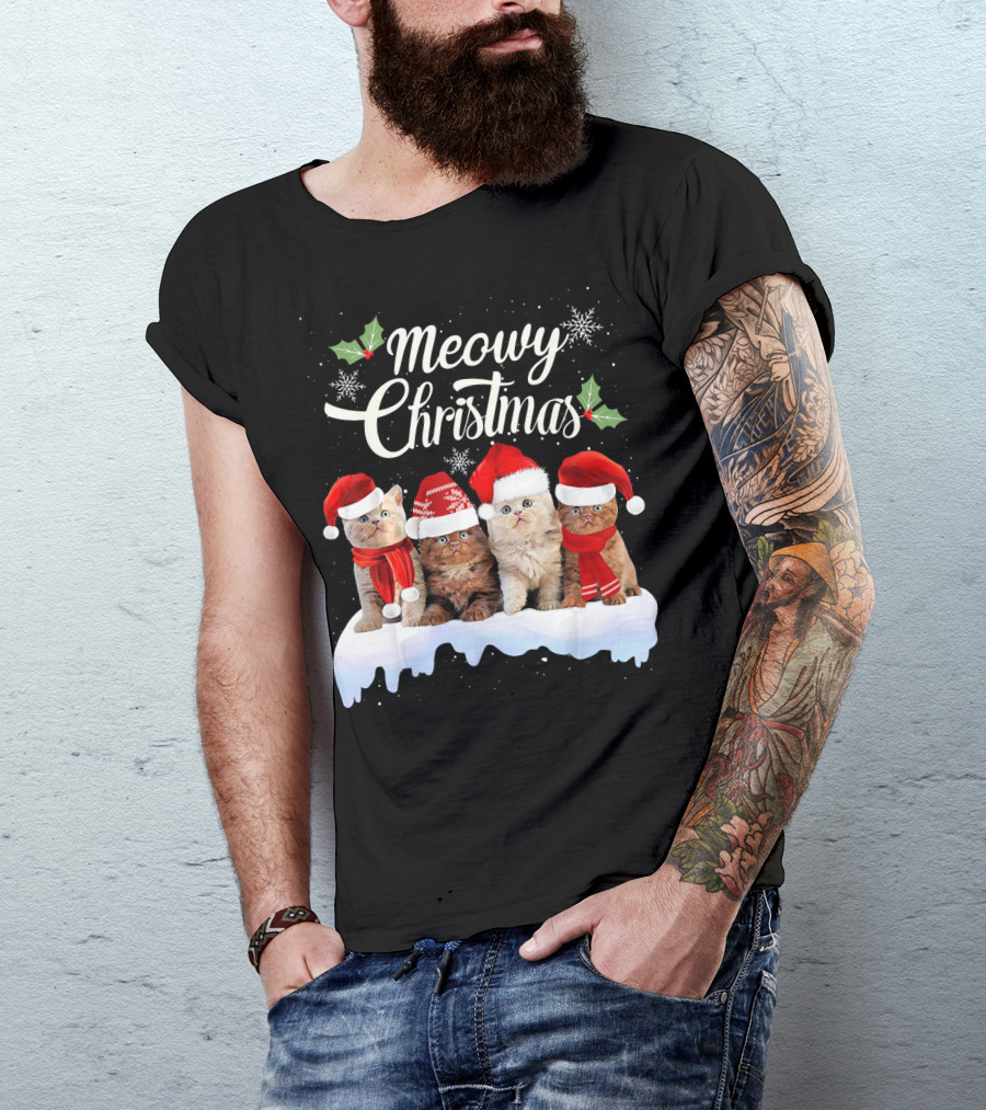 Meowy Christmas Kitten Cat Kitty Snowflake Santa Hat Holly T-Shirt