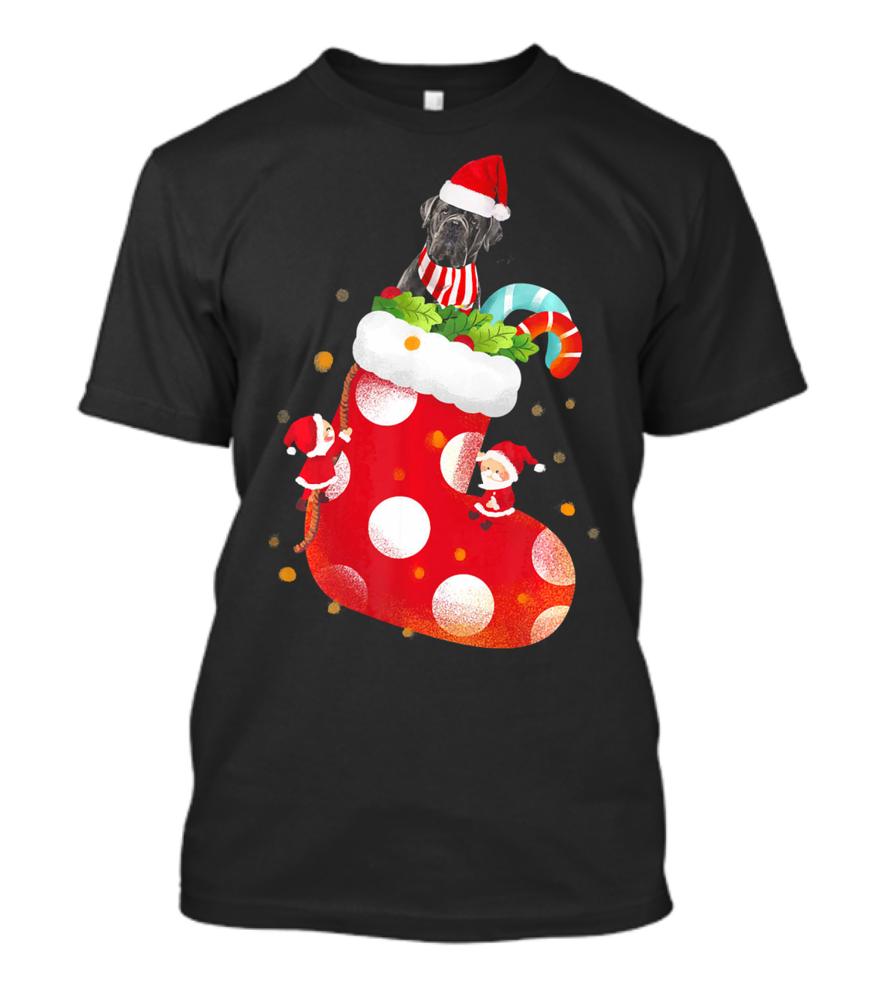 Christmas Cane Corso Dog In Santa Hat With Candy Cane And Stocking T-Shirt