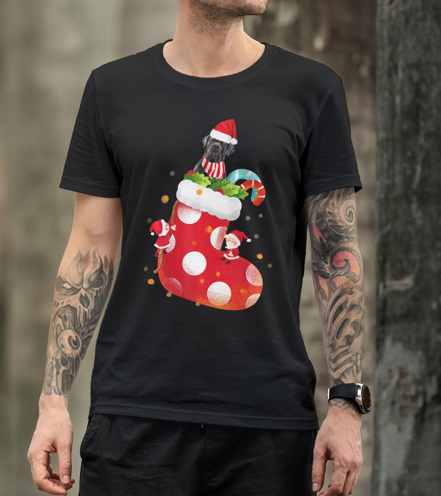 Christmas Cane Corso Dog In Santa Hat With Candy Cane And Stocking T-Shirt