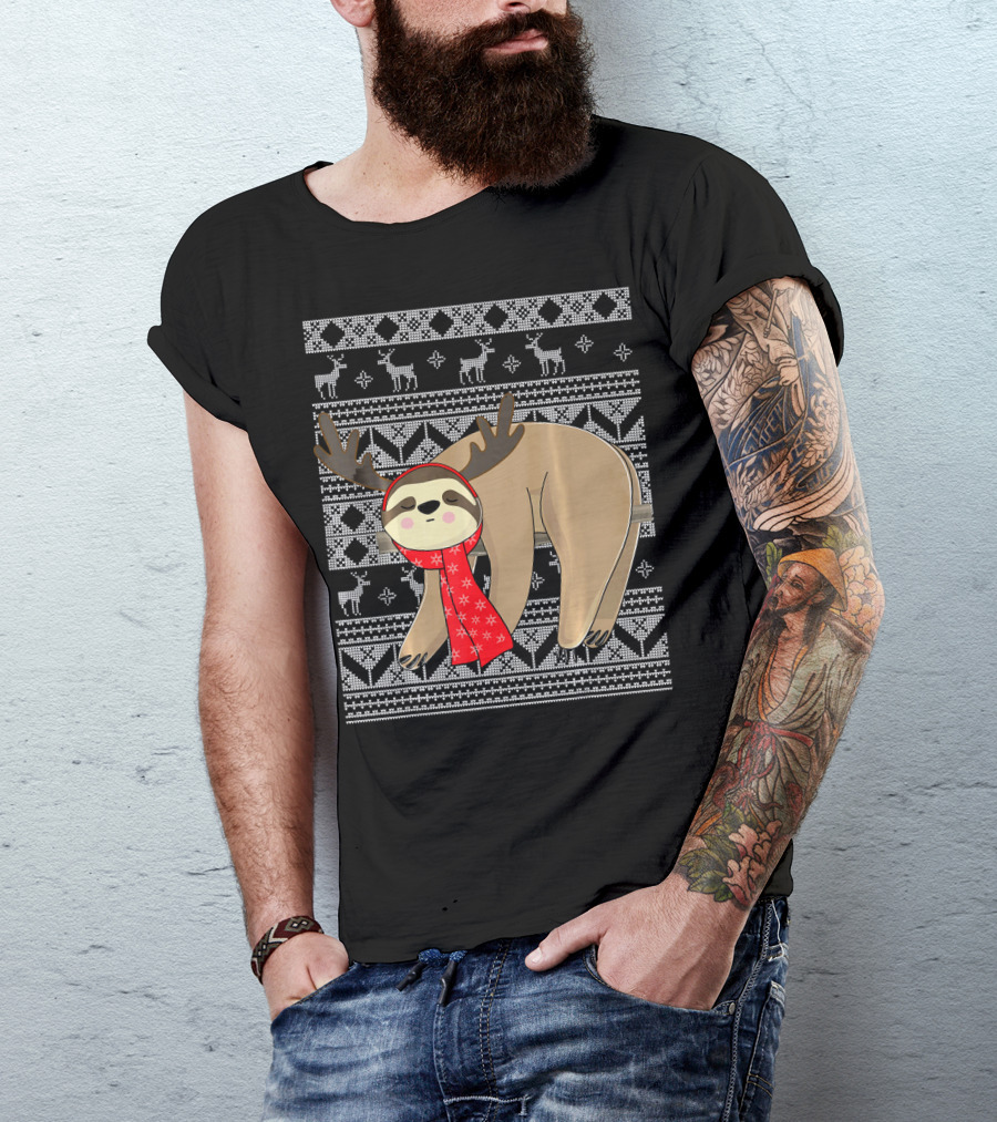 Ugly Christmas Sloth Reindeer Red Scarf Chris T-Shirt