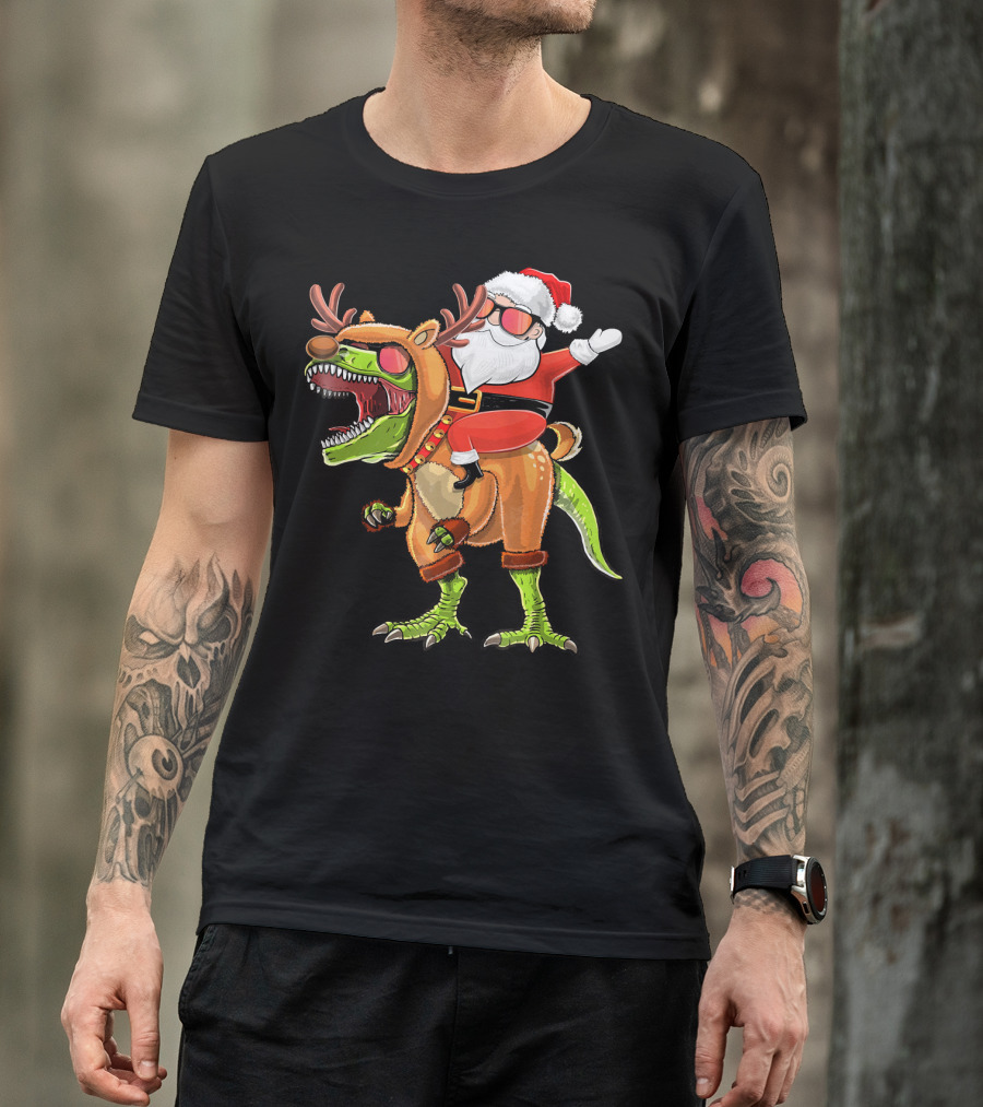 Santa Riding Reindeer Rex Dinosaur With Holiday Cheer T-Shirt