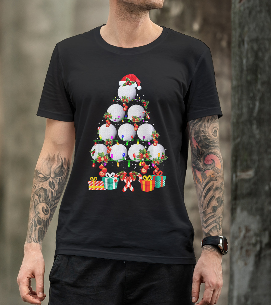 Golf Ball Christmas Tree Santa Hat Holiday Gifts T-Shirt