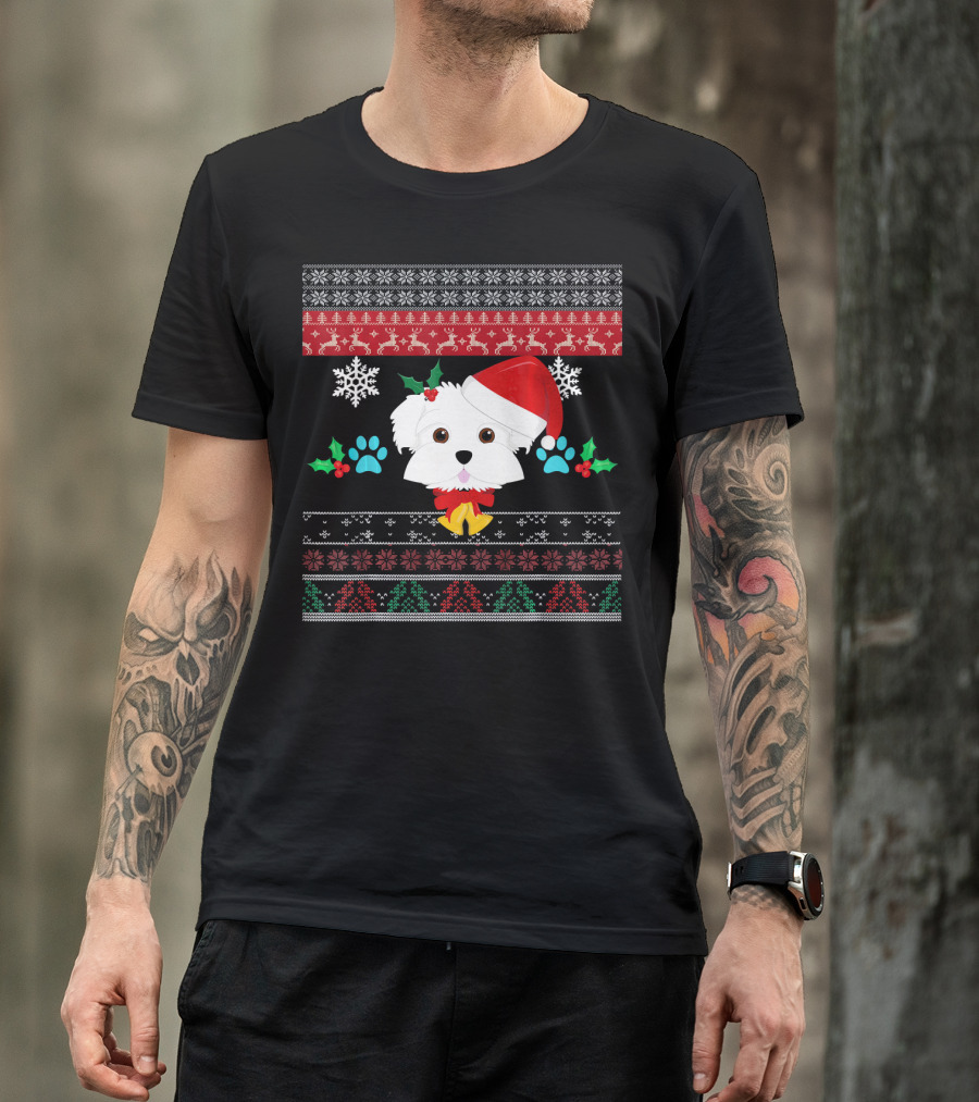 Maltese Dog Santa Hat Ugly Christmas Sweater Pattern Snowflakes Hollys Paws T-Shirt